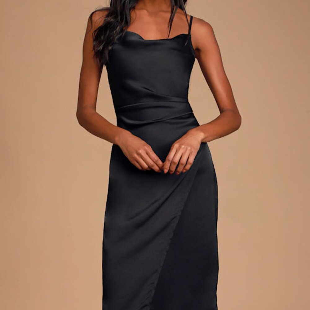 NWT Lulus Hollywood Woman Black Satin Midi Dress - Size S
